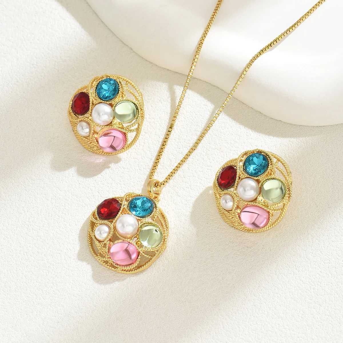 2 PCS Multicolor Crystal Stone Jewelry Set Womens Romantic Flower Pendant Necklace Stud Earrings Chic Birthday Gift For Girl Z250607