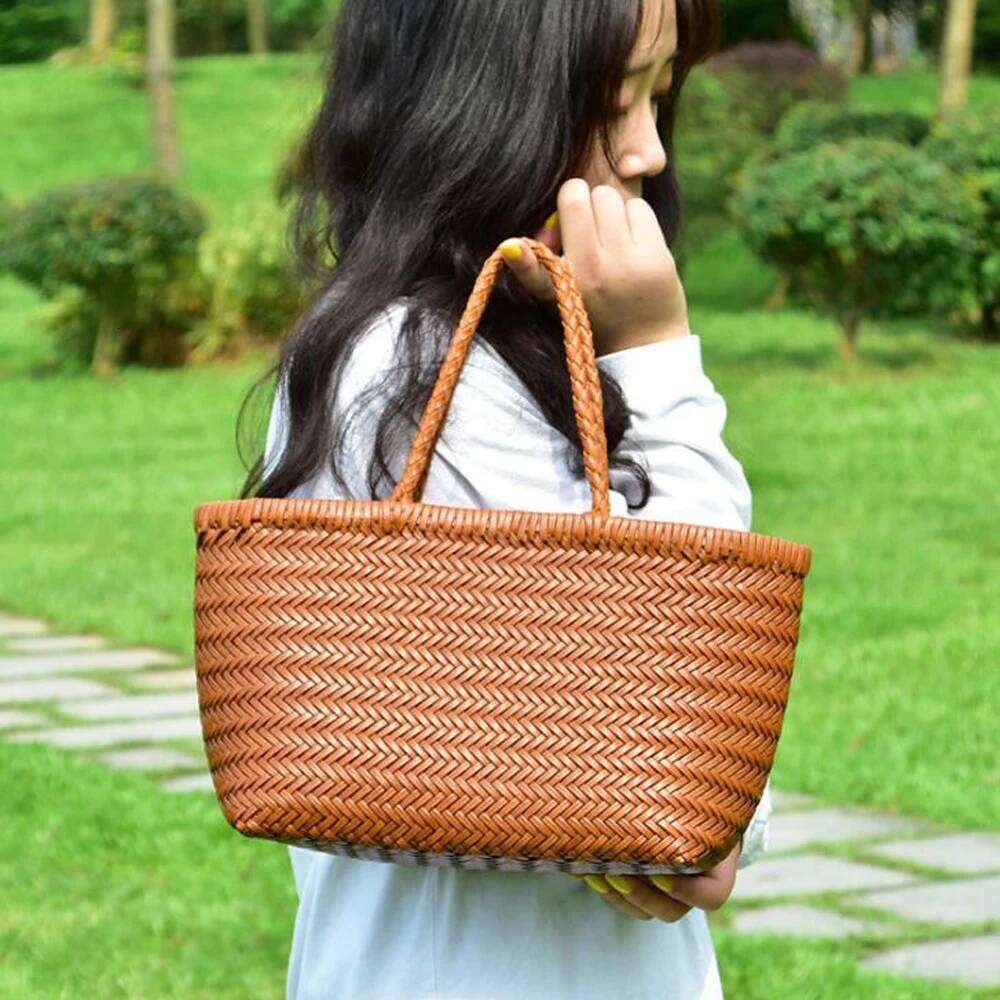 Women Weave Handbags Feminine Handmade Woven Bucket Bag With Cotton Inner Pockets Casual Knitting Leather Handle Bags
