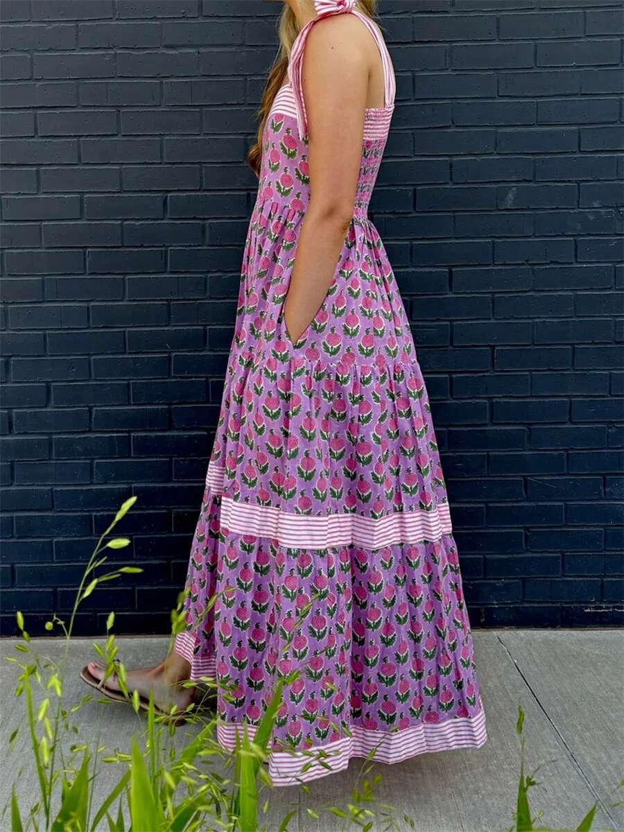 Elegant Maxi Dress with Boho Floral Print and Adjustable Tie-up Straps Sleeveless Summer Fashion Cami Dress for Women