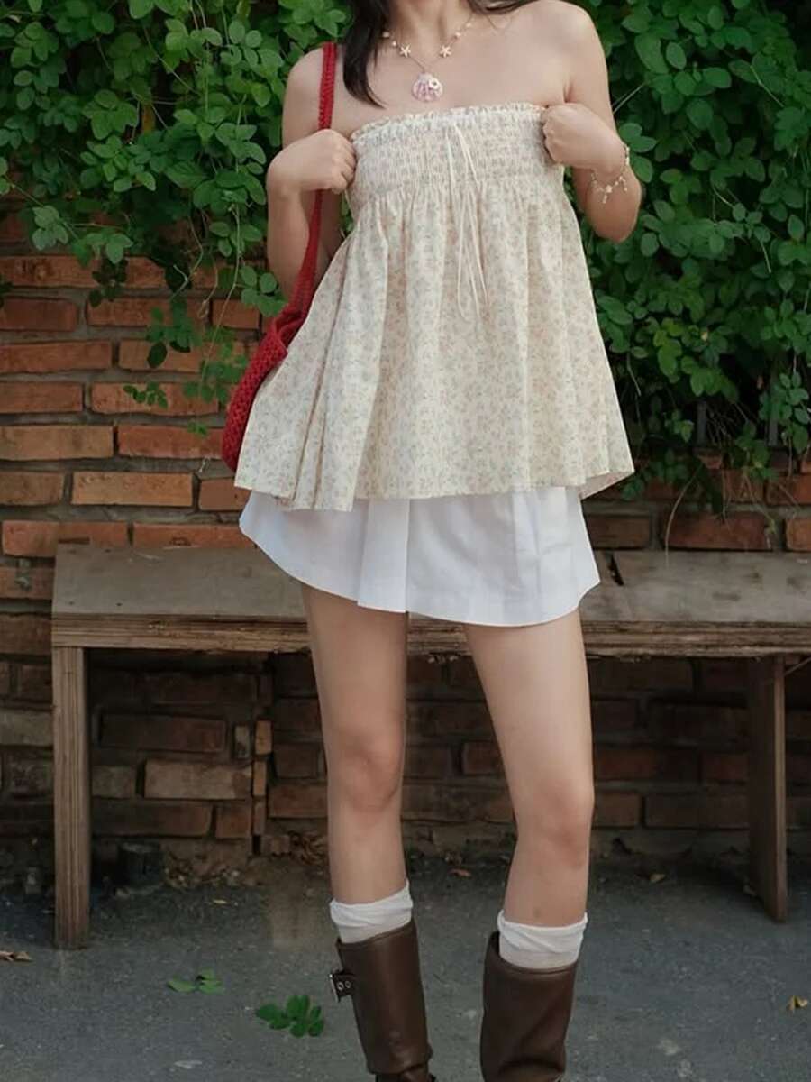 Womens Floral Print Strapless Tube Top with Pleated Detailing Backless Design and Perfect for Summer Clubwear