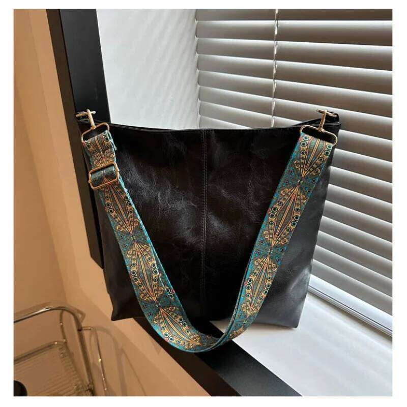 PU Leather Vintage Solid Color Women Fashion Shoulder Bag large Capacity Wide Strap Bucket tote Bags handbag for women bag