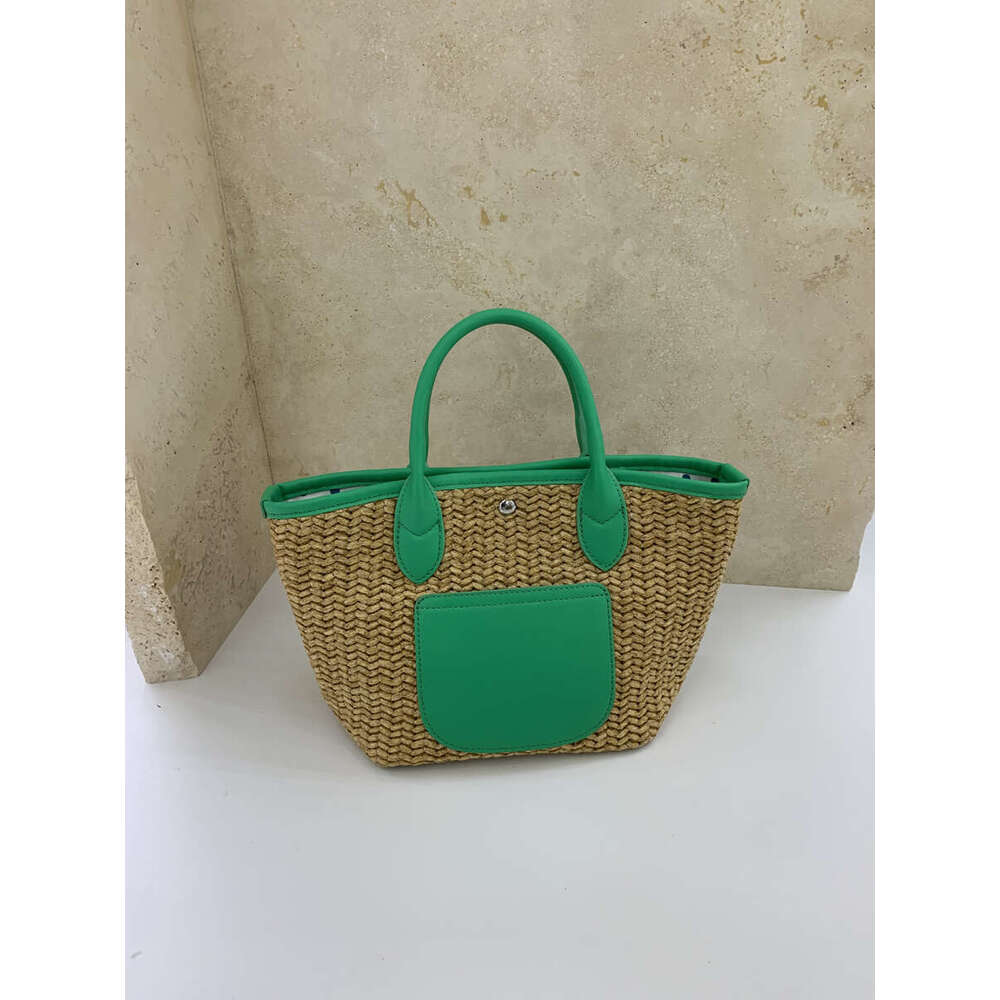 Straw Woven Basket Artistic Patchwork Color Block Pastoral Style Tote Bag Large Capacity Casual Handbag