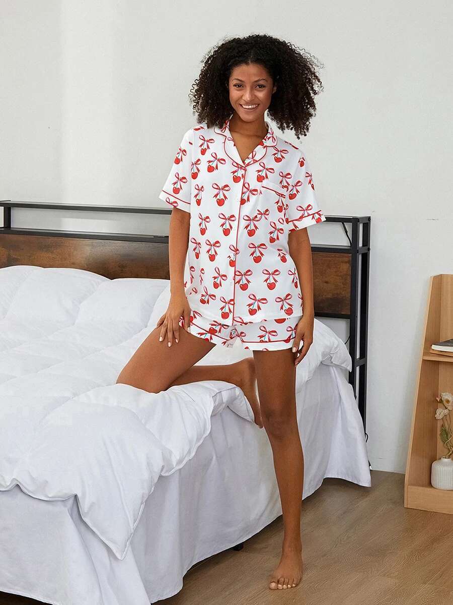 Valentine s Day Womens Pajama Set with Heart and Bow Print Short Sleeve Top and Shorts - Cozy Loungewear with Boots Design
