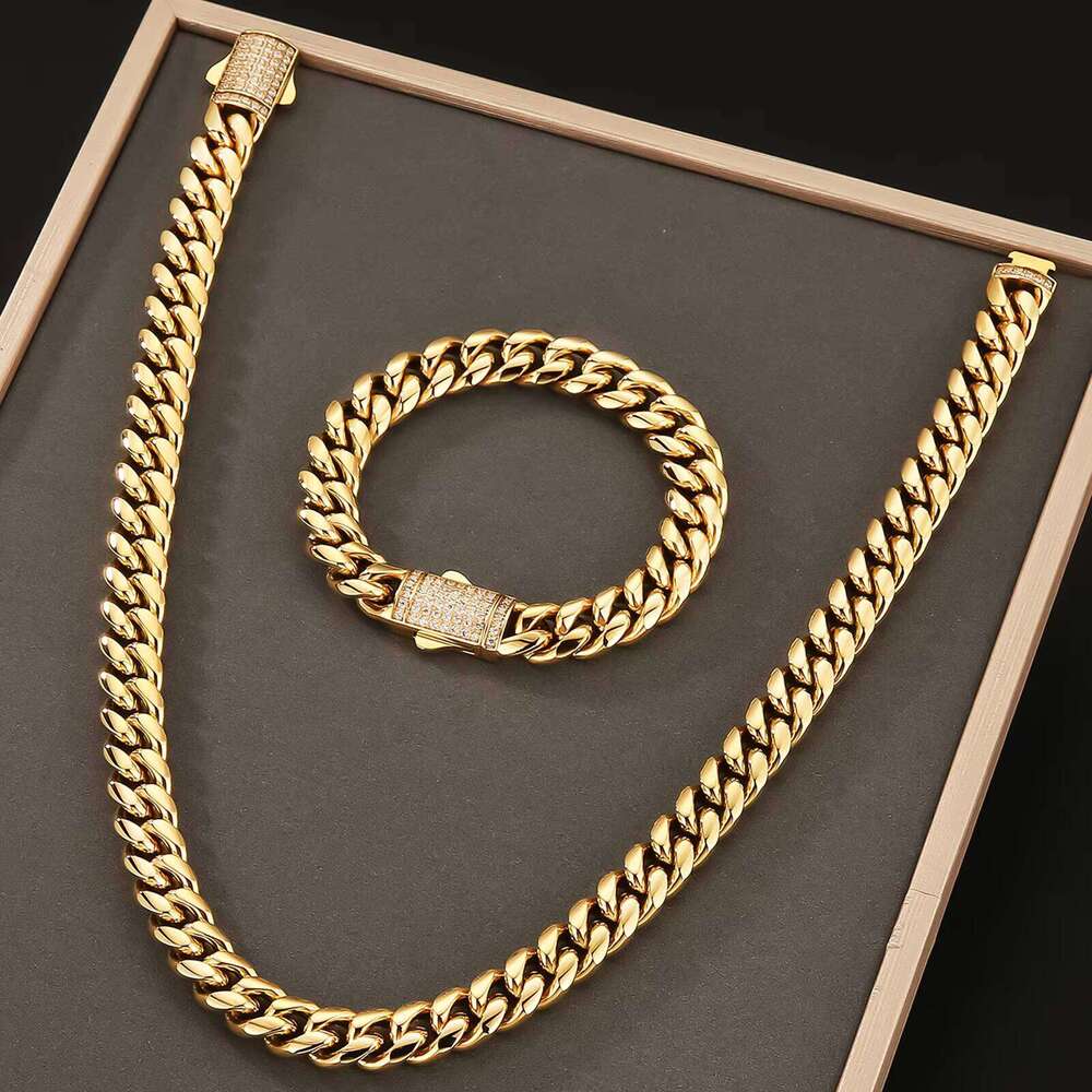 Double-Sided Ice Buckle Necklace Real Gold Stainless Steel Straight Pull Hip-Hop Jewelry Women 12mm Miami Cuban Bracelet Men Chain