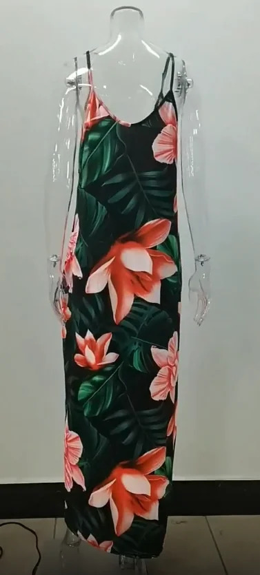 Plus size Europe and the United States crossborder plus summer station flower print loose slip dress long skirt 250526