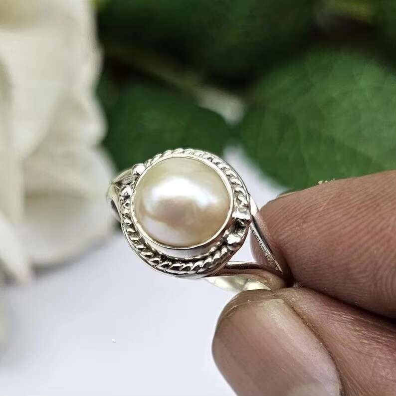 Natural Freshwater Pearl Ring 925 Sterling Silver Ring White Pearl Statement Boho Ring Handmade Pearl Round
