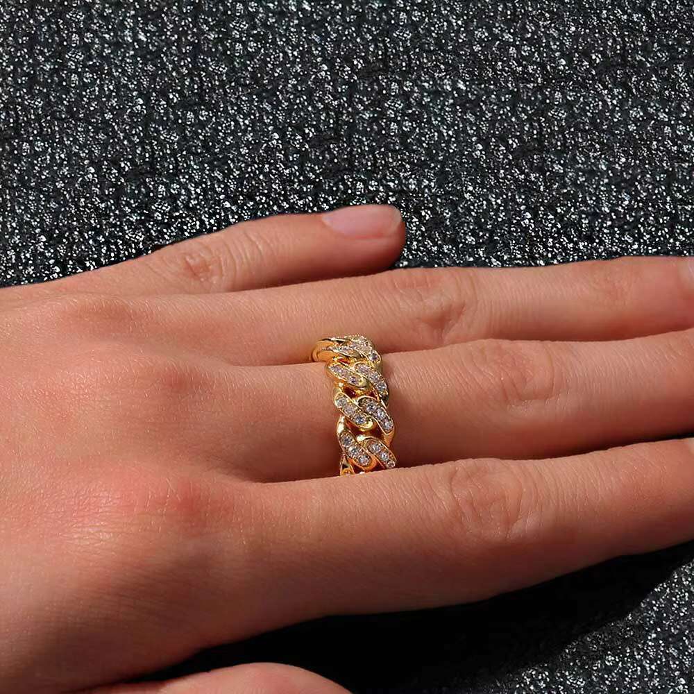 Ganku Sales 8mm Single Row Moissanite Cuban Ring; Popular Hip Hop 18K Gold Men's Ring Wholesale Fashion
