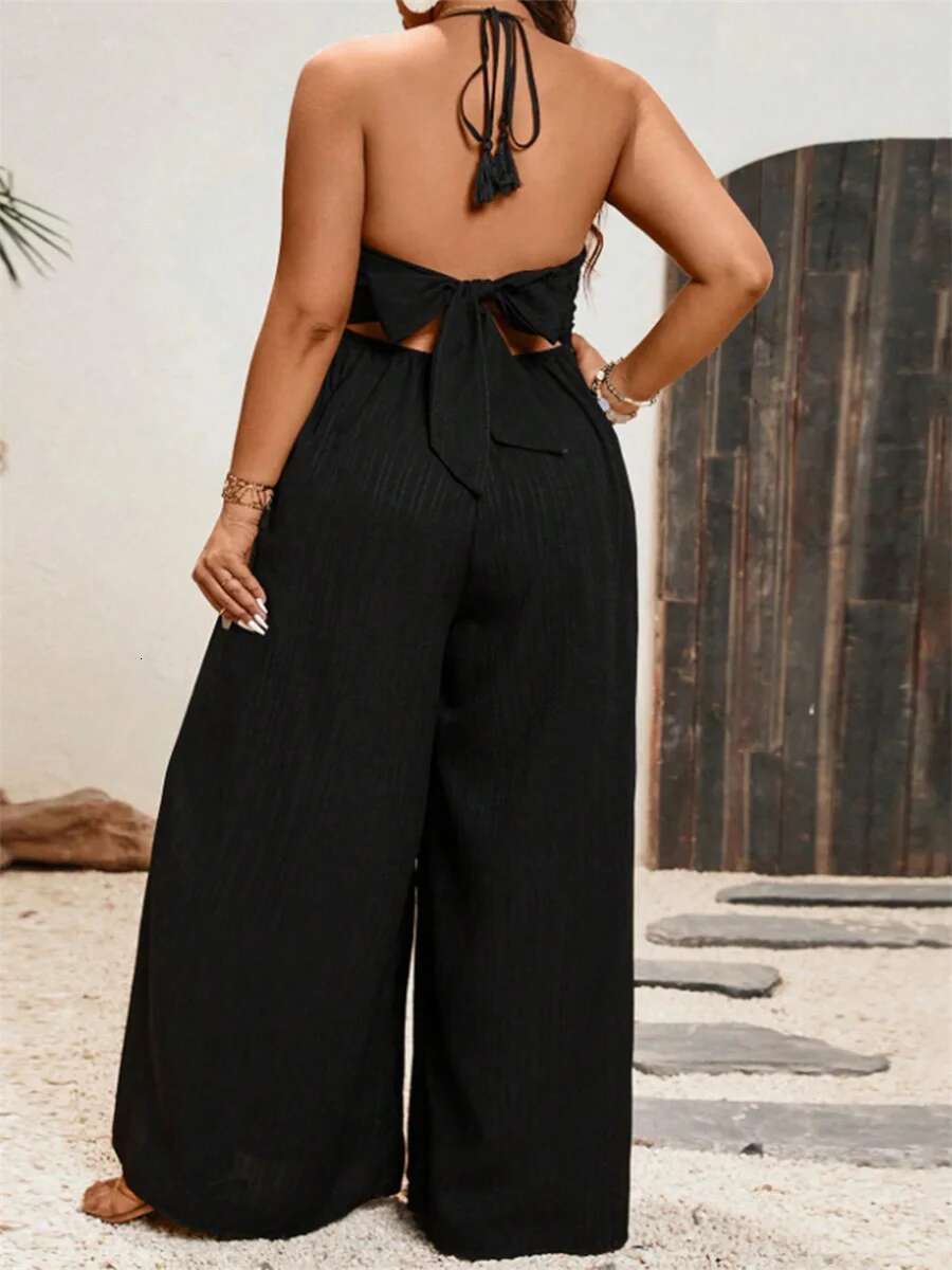 Women Plus Size Rompers Solid Color Sleeveless Halter Neck V-neck Tie-up Wide-leg Jumpsuits Overalls for Summer Fashion