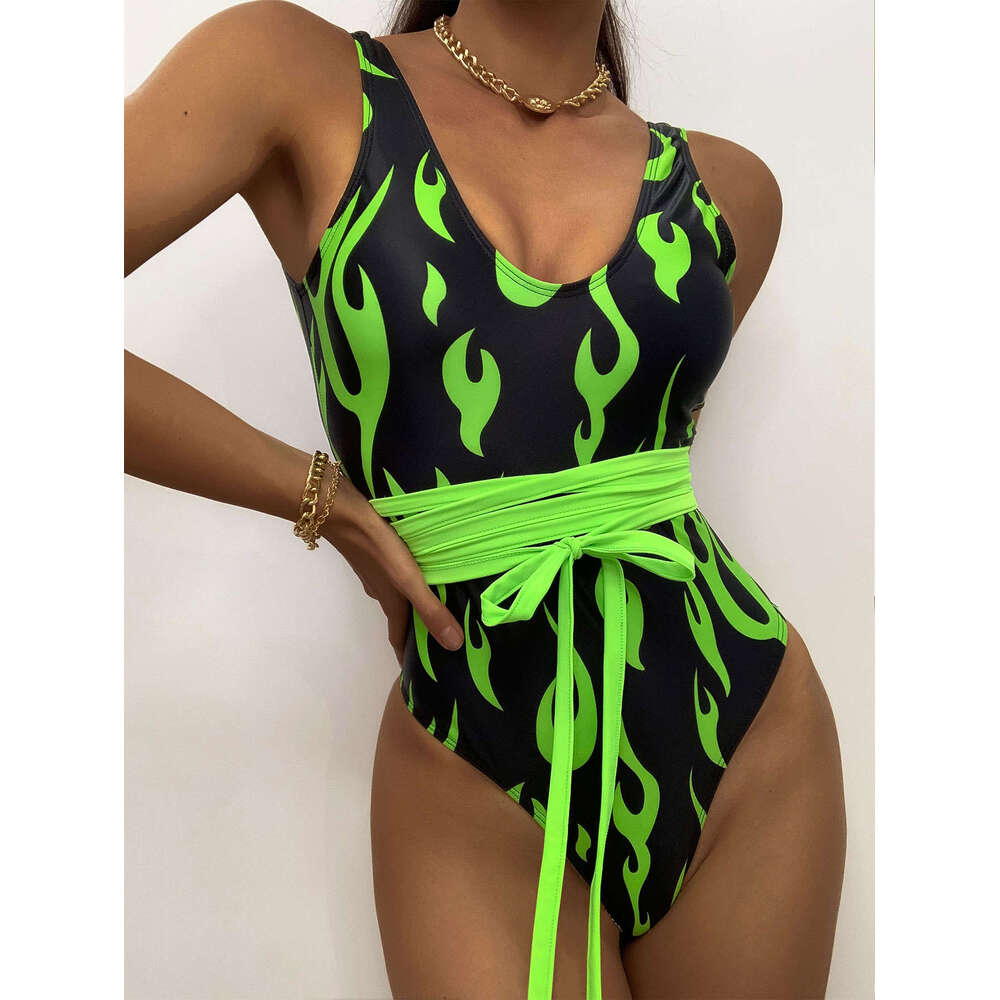 European American Style Flame Pattern One-Piece Sexy Tight Backless Bikini Swimsuit for Women 2025 New Elegant and Unique Fashion