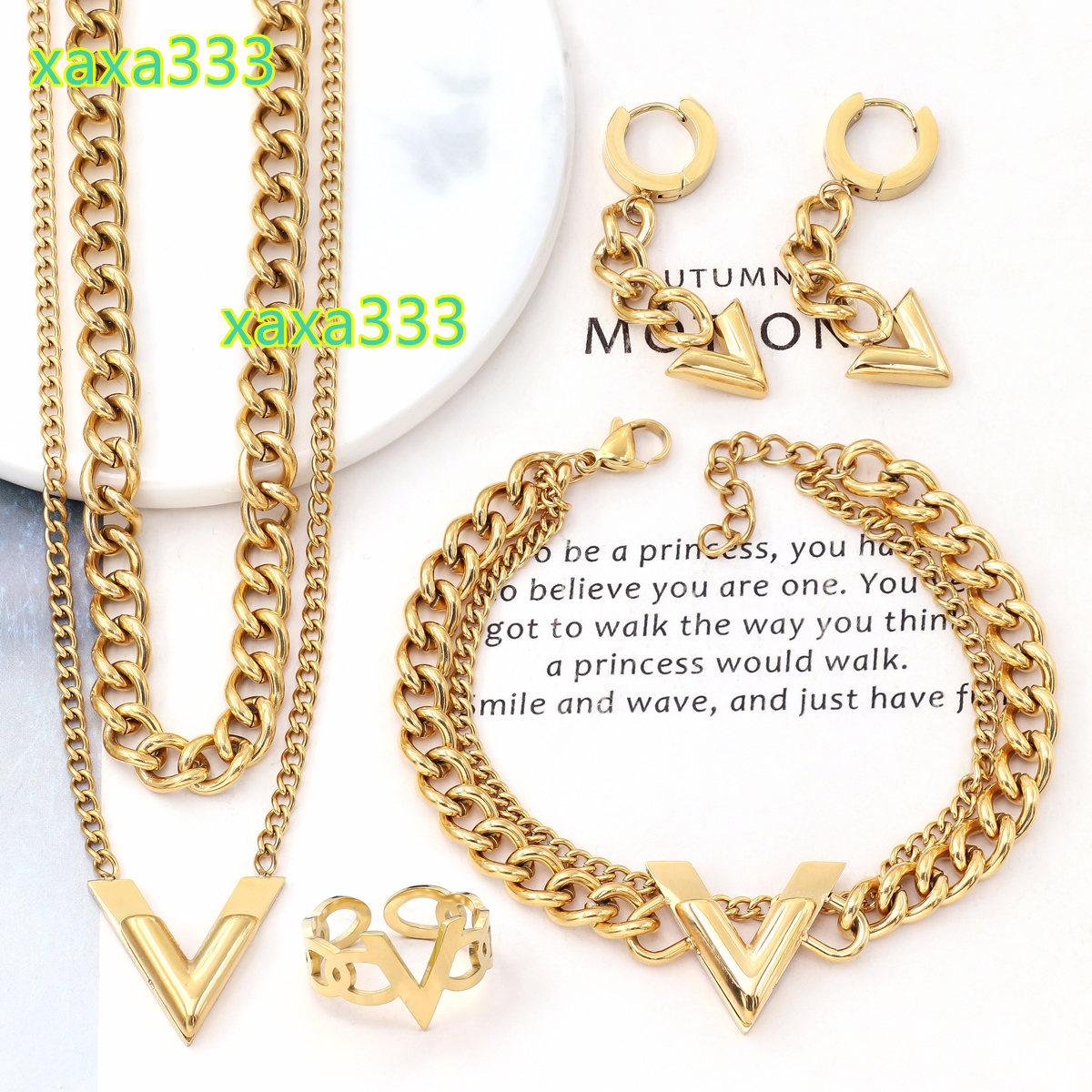 Fashion Gold Layered Cuban Link Chain Letter V Pendant Necklace Bracelet and Earrings Party 4pcs Jewelry Set