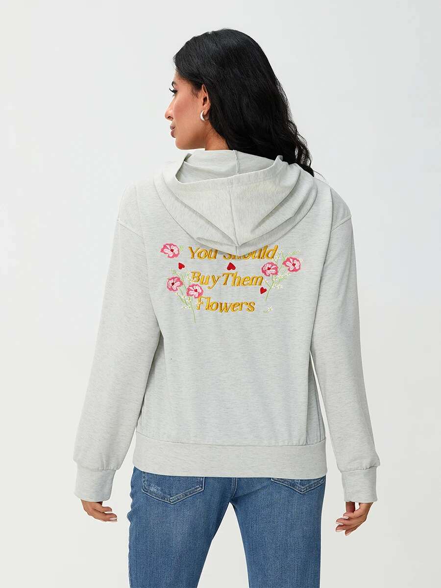 Womens Casual Pullover Hoodies Long Sleeve Floral Print Loose Sweatshirts Streetwear Tops with Embroidered Letters