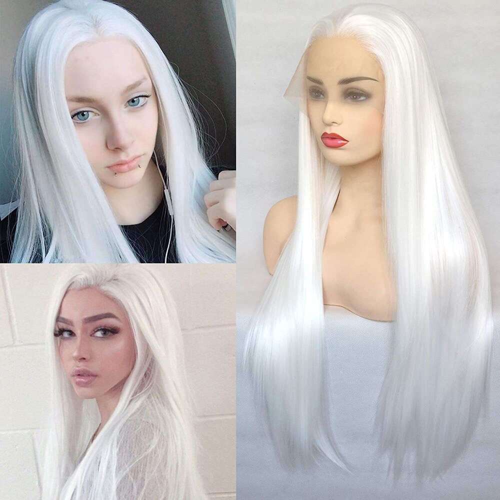 Fashion Pure White Women's Hand-Tied Lace Front Long Straight Synthetic High-Temperature Fiber Wig