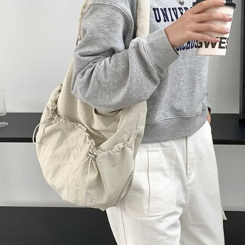 Pleated Crossbody Bags Solid Color Nylon Shoulder Bags for Women Large Capacity Handbag Student Class Bag Tote Bag 250606