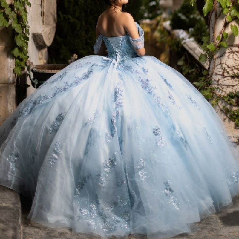 Light Blue Shiny Quinceanera Dresses Ball Gown Off The Shoulder Applique Lace Beads Tull Sweet 16 Dress Vestidos 15 De Anos