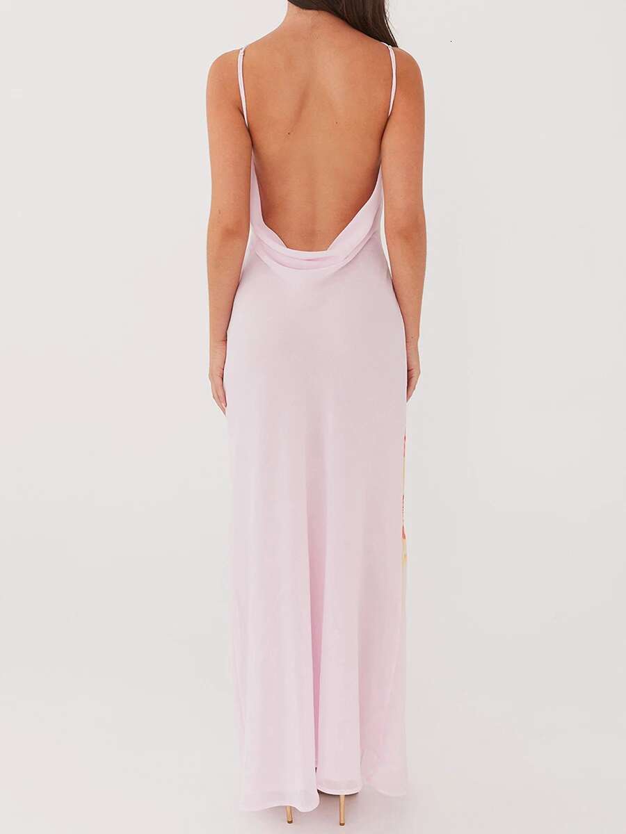 Elegant Floral Print Sleeveless Maxi Dress with Open Back and Fit Design for Summer Parties and Beach Vacations