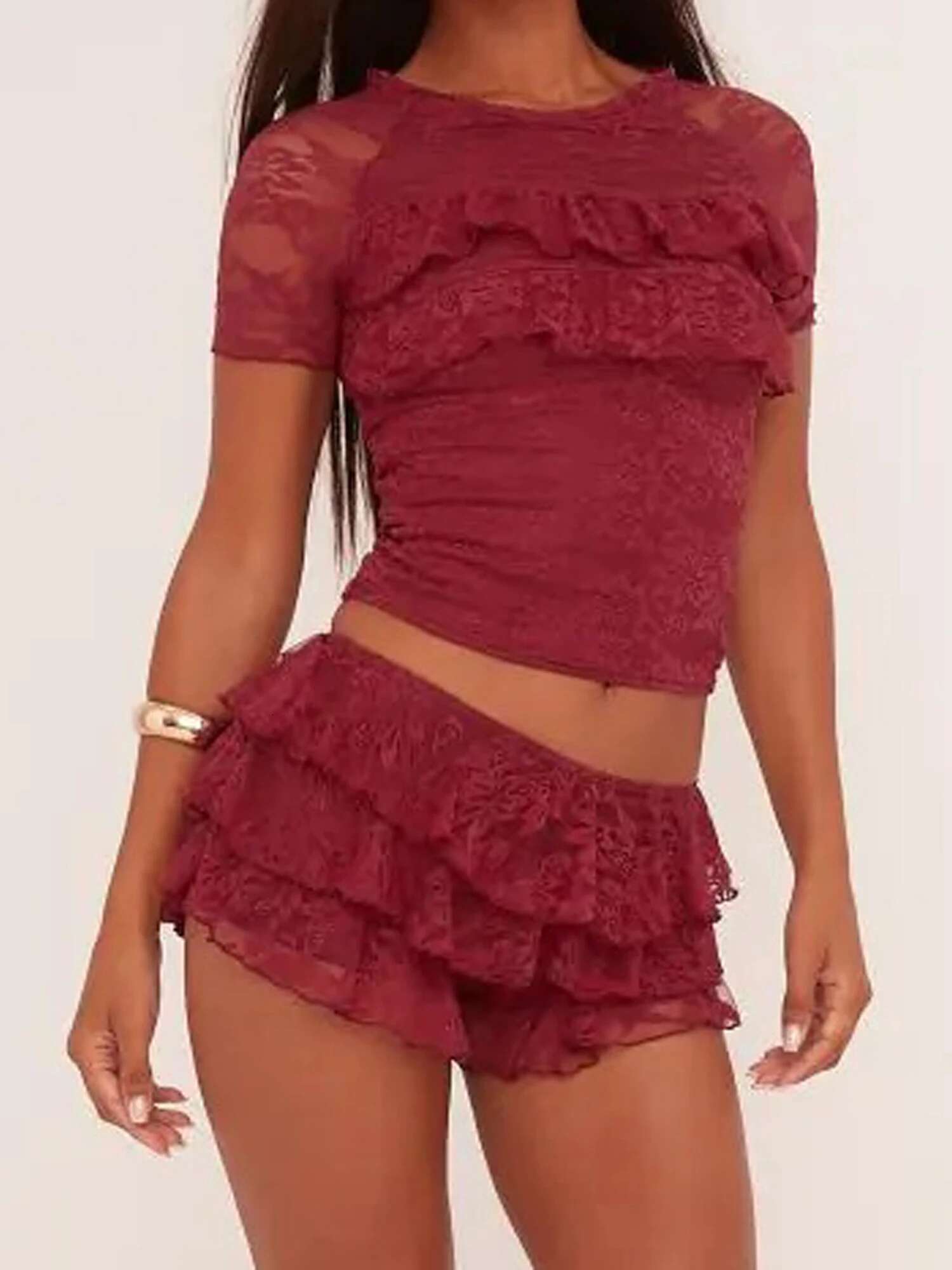 Womens Summer Fashion Off-shoulder Floral Lace Crop Top with Short Sleeves and High-waisted Ruffled Shorts for Clubwear and