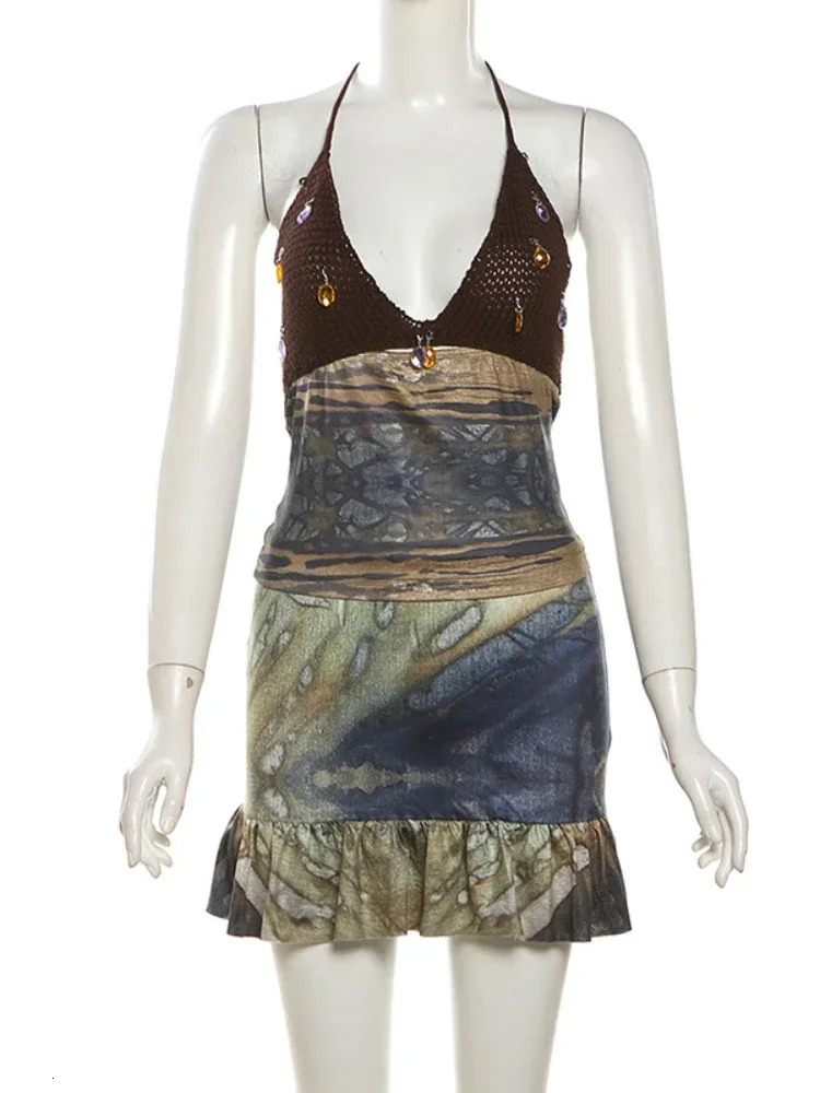 XIZOU Vintage Women 2 Piece Set Knit Patchwork Diamond Tassels Halter Backless TopsRuffles Hem Skirts Vacation Clubwear 250605