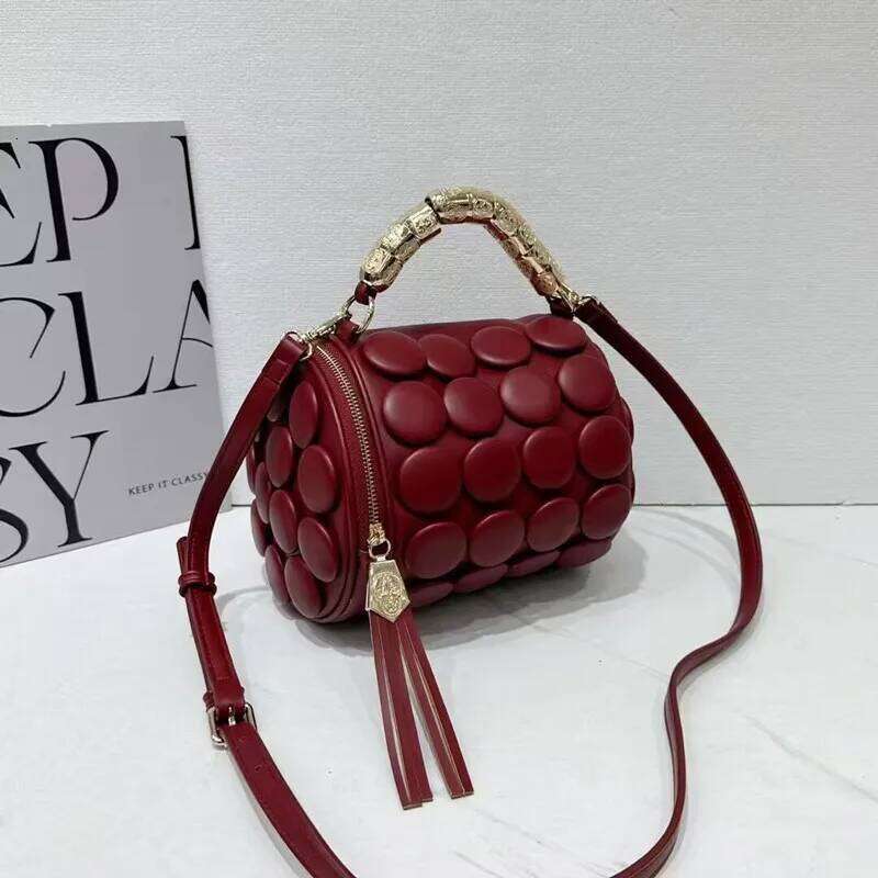 2025 Design Women Retro Button Leather Handbags High-End Round Tube Bucket New Fashion Shoulder Crossbody Bag