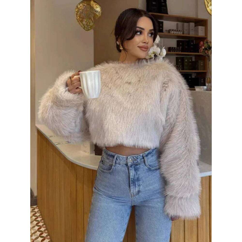 ZBZA Women Warm Faux Fur Sweatshirts Thick Retro Round Neck Long Sleeve Solid Casual Loose Cropped Winter Chic Pullover