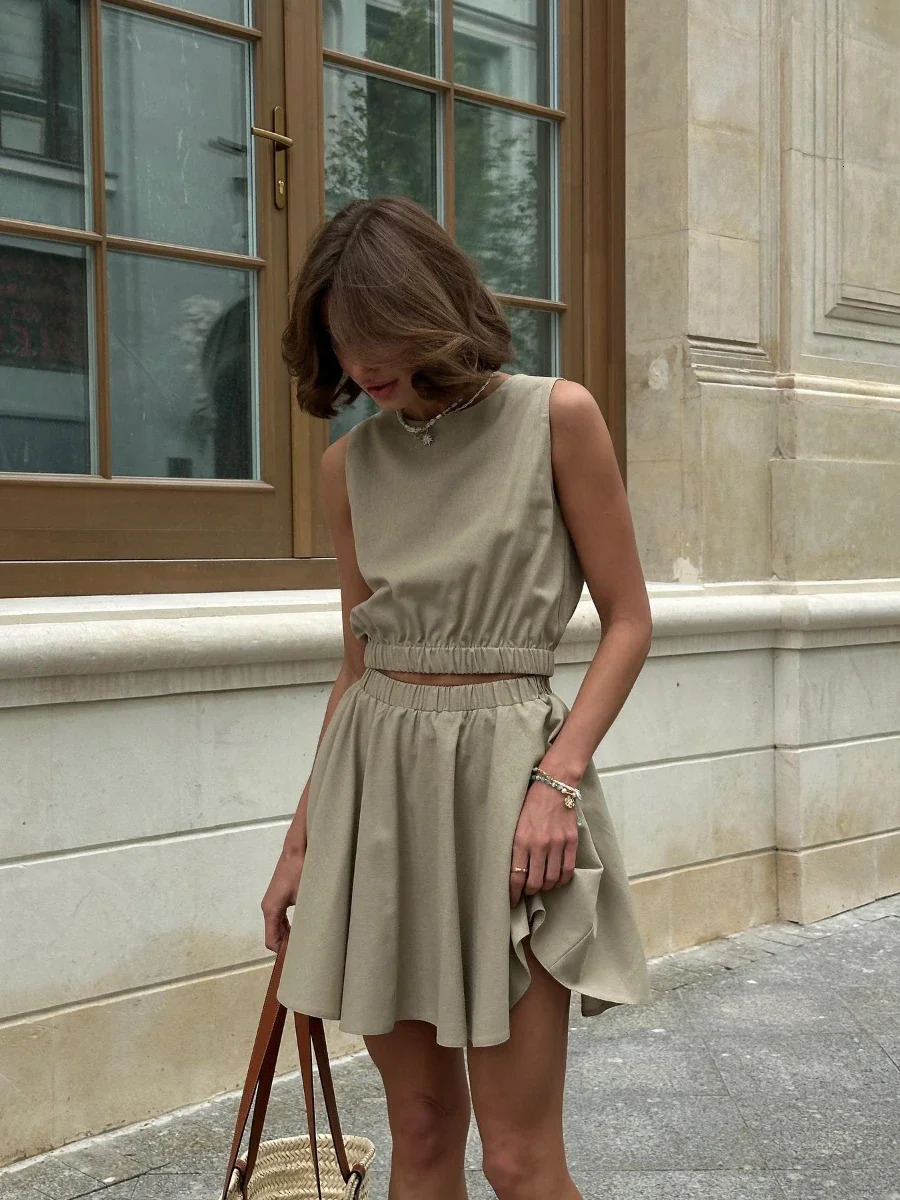 Wolfeel Summer O-Neck Vest Pleated Skirt 2-Piece Set Womens Cotton Linen Sleeveless Top Short Skirt Women Casual Skirt Set 250606