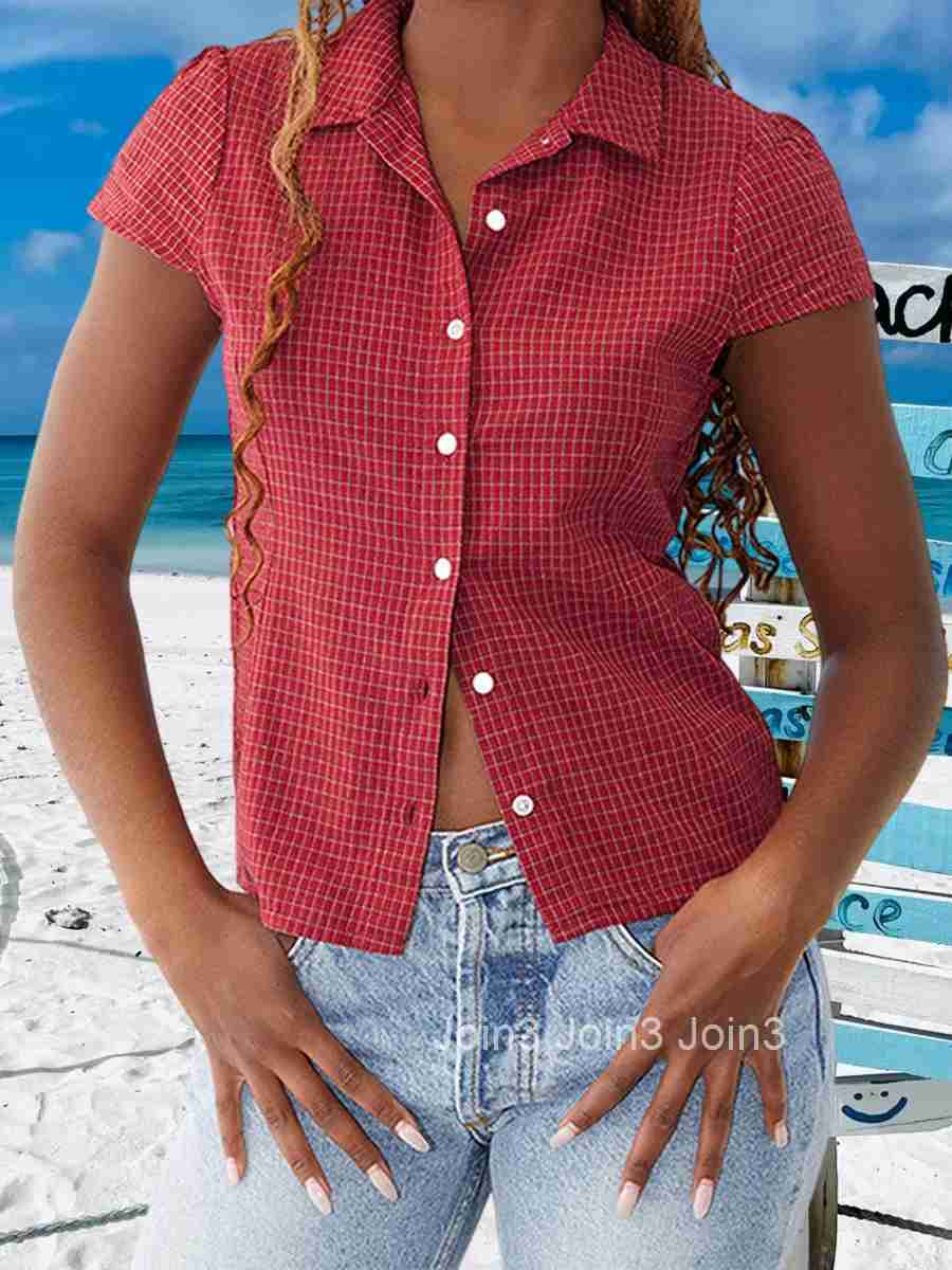 Womens Stylish Plaid Shirt in Blue with Short Sleeves and Turn Down Collar - Casual Button Up Top for Summer Wear