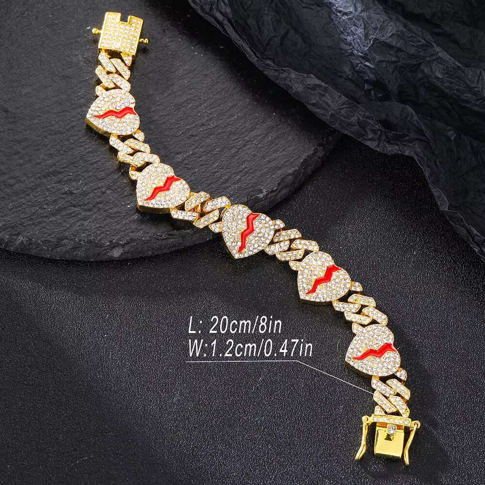Hip Hop 12MM Punk Red Broken Heart Gold Miami Cuban Chain Necklace Bracelet for Men Women Gift