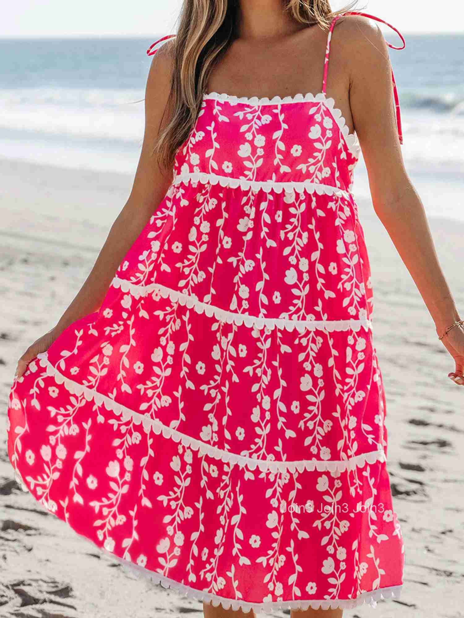 Womens Boho Style Floral Print Sleeveless Mini Dress with Adjustable Spaghetti Straps and Flowy Beach Vibe