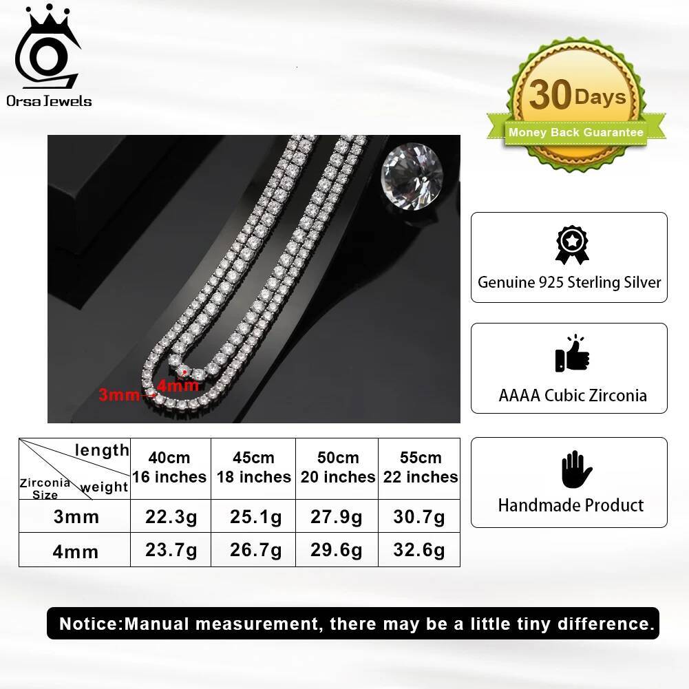 ORSA JEWELS Sterling Sier 3/4mm Tennis Chain for Women Fashion Round Cubic Zirconia Necklace Jewelry SC74