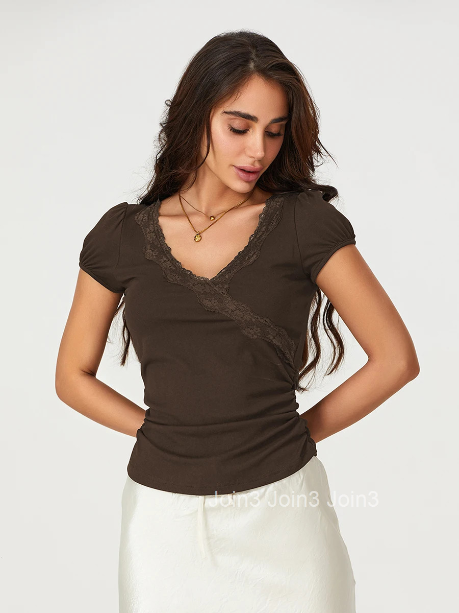 Womens Short Sleeve Lace Patchwork V-neck T-shirt Summer Fit Casual Top Streetwear Fashion Blouse Trendy Tee