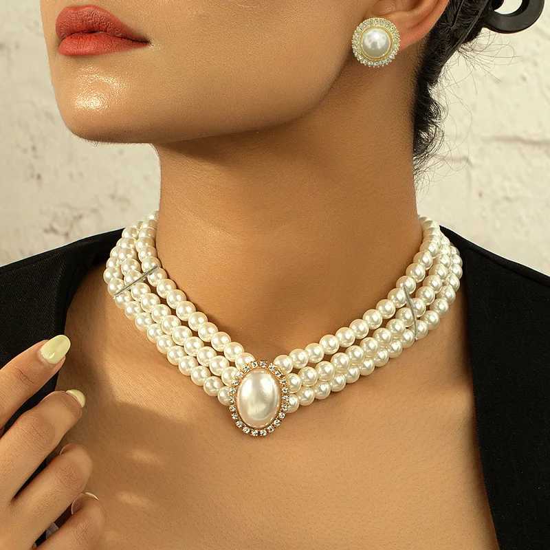 KMVEXO Vintage Palace Multilayer Pearl Choker Necklace Earrings Sets for Women Oval Crystal Rhinestone Wedding Bride Jewelry Set Z250607