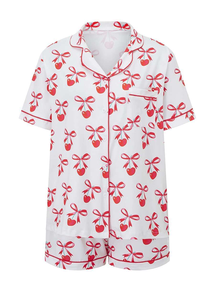 Valentine s Day Womens Pajama Set with Heart and Bow Print Short Sleeve Top and Shorts - Cozy Loungewear with Boots Design