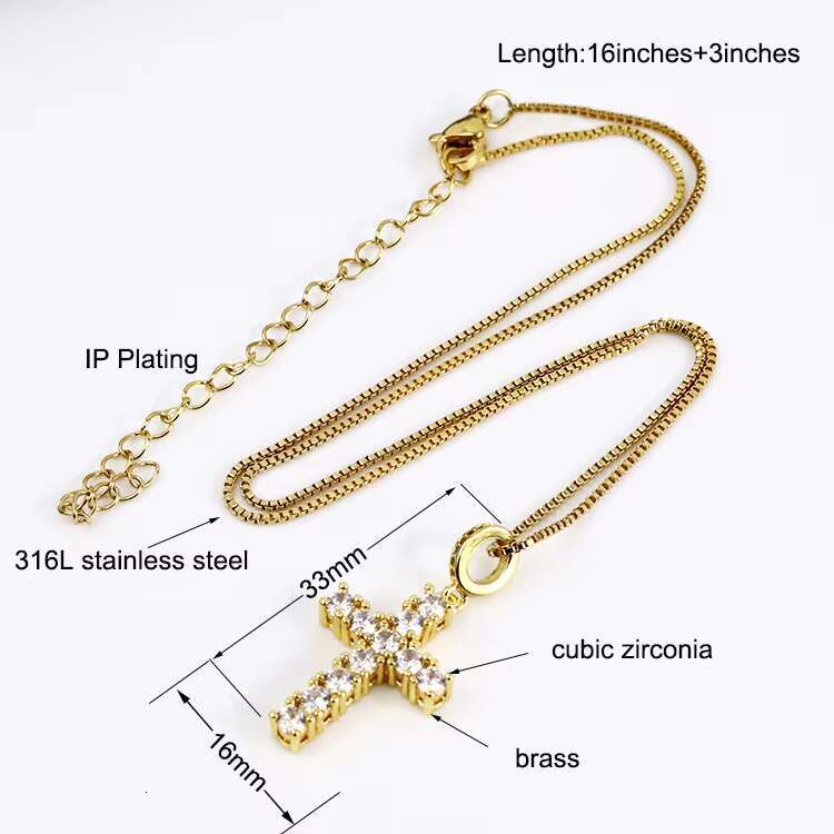 NS1082 High Quality Diamond Christian Religion Jewelry Gold Plated Stainless Steel Chain CZ Micro Pave Cross Pendant Necklace