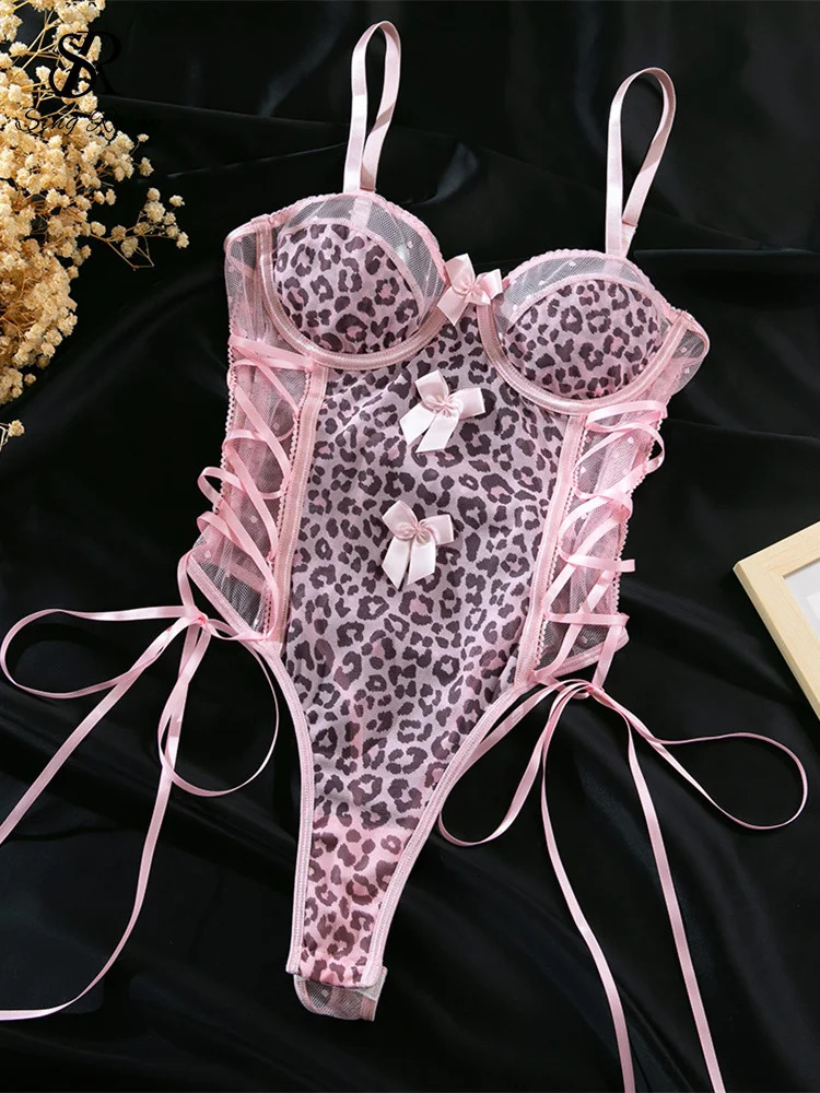 SINGREINY Fashion Leopard Sheer Bow Erotic Rompers Ladies Lace Up Open crotch Playsuit Polka Dot Backless Sexy Bodysuits 250606