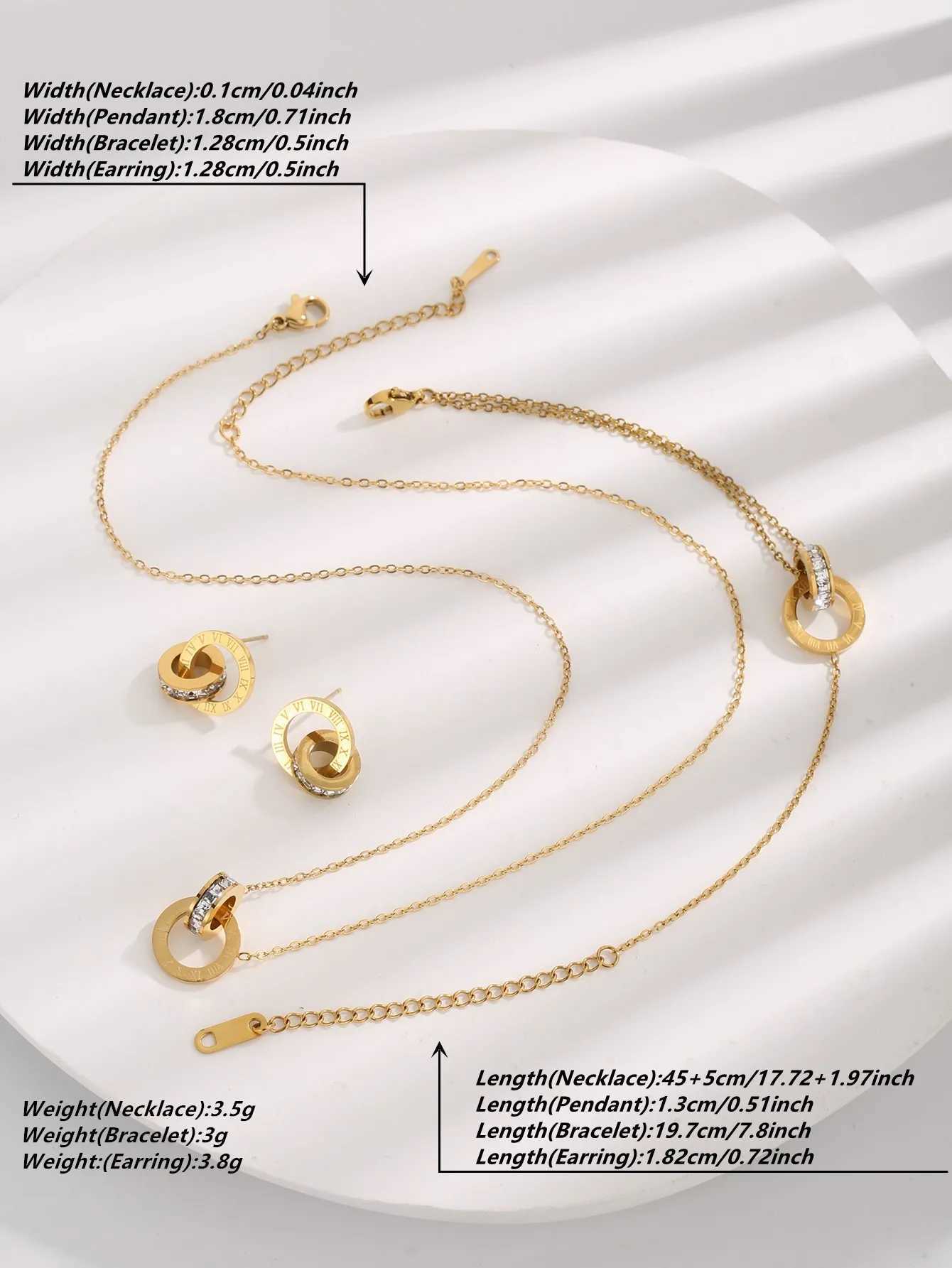 Stainless Steel 18K Gold Plated Interlocking Circles Infinity Style Roman Numerals Necklace Earring Jewelry Set Z250607