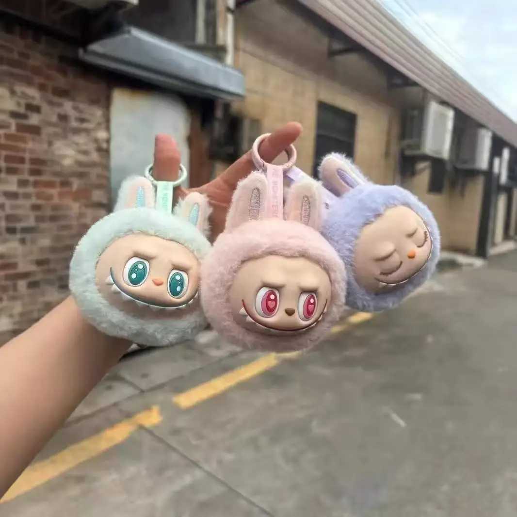 Sitting Labubu Doll Keychain External Implantation Fluff PVC Toy Phone Ornaments Bag Charms Car Keychain Christmas Gifts Z250607