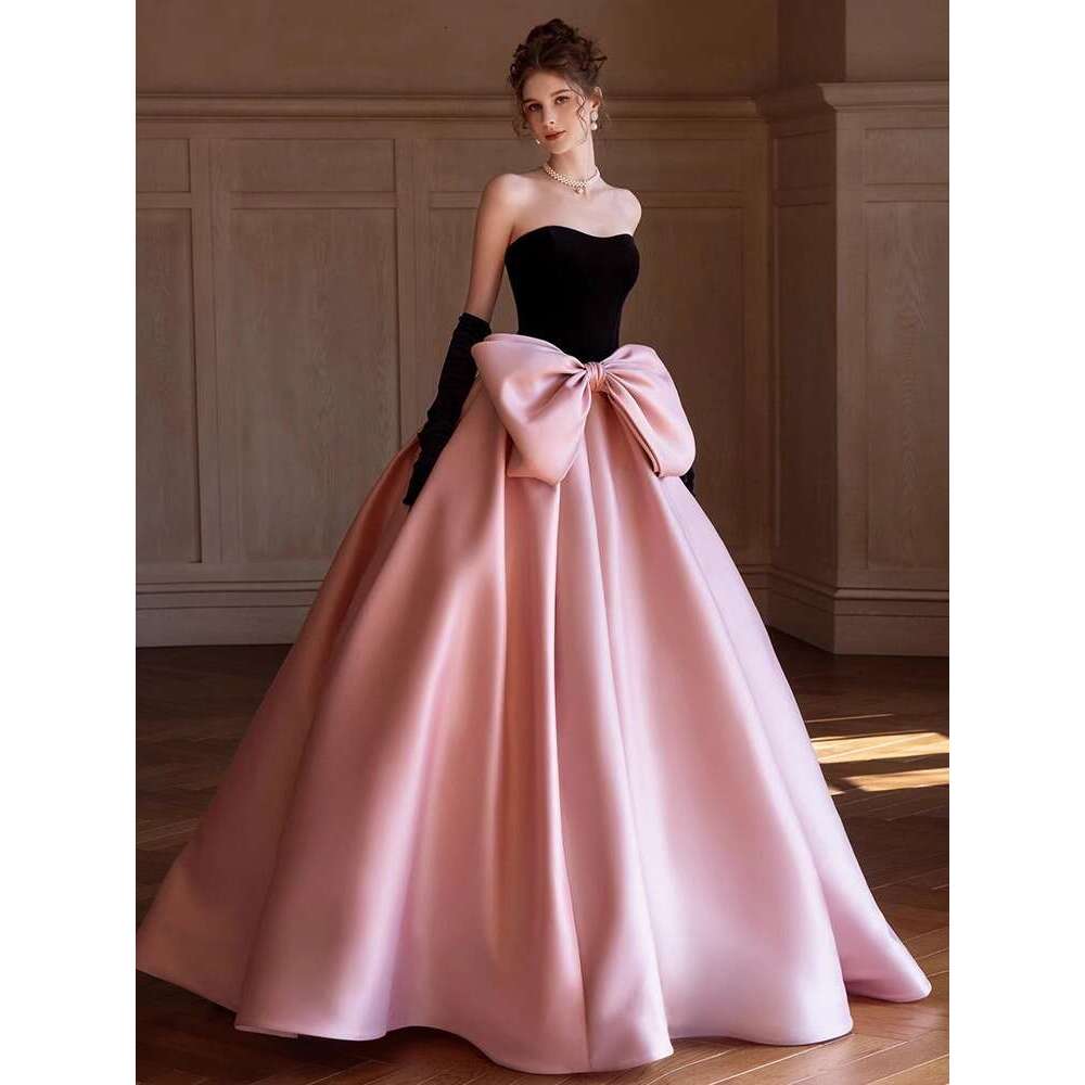 High-End Eveni Pink Black Bow Princess Eagement Banquet Elegant Student Day Comi-of-Age Graduation Art Exam Dress 2025 New Casual Versatile Fashion