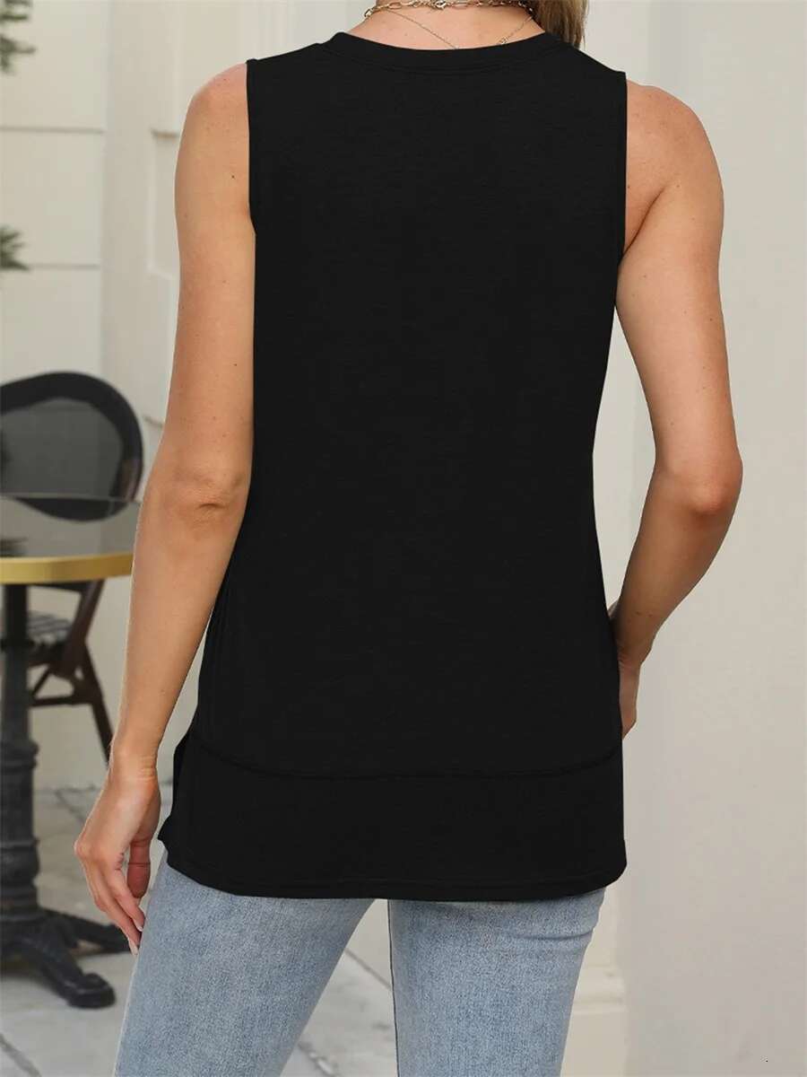 Sleeveless Round Neck Tunic Tank Tops for Women with Split Hem Detail Loose Fit Casual Summer Streetwear Shirt