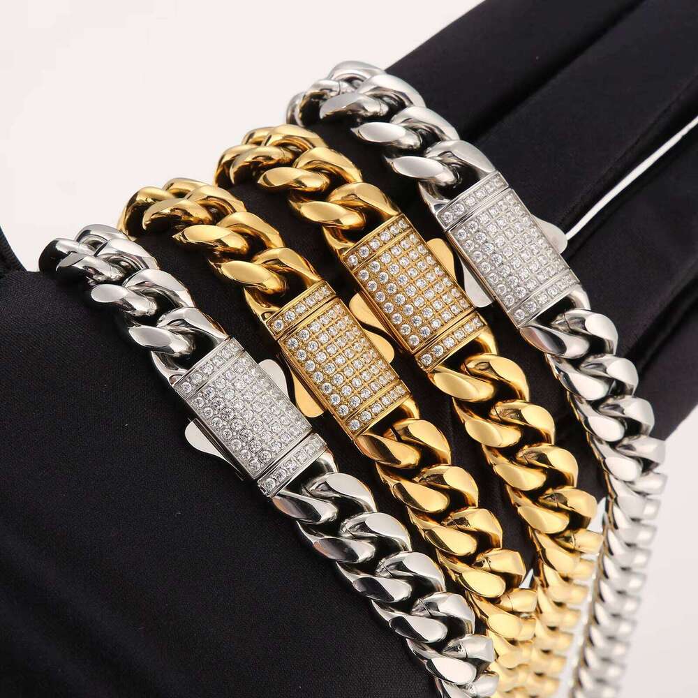 Double-Sided Ice Buckle Necklace Real Gold Stainless Steel Straight Pull Hip-Hop Jewelry Women 12mm Miami Cuban Bracelet Men Chain