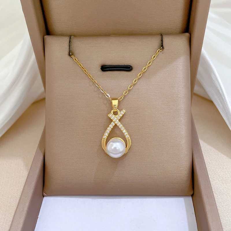 DIEYURO 316L Stainless Steel Elegant Cross Knot Imitation Zircon Pearl Pendant Necklace Earrings Set New Jewelry Gift Z250607