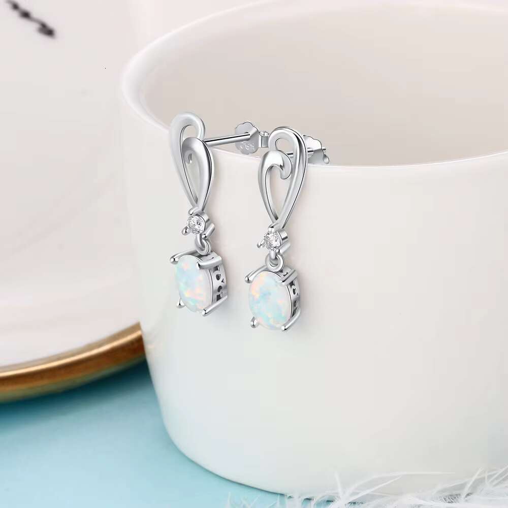 Genuine 925 Sterling Silver Love Heart Opal Dangle Earrings for Women Fine Jewelry Party Birthday Earrings