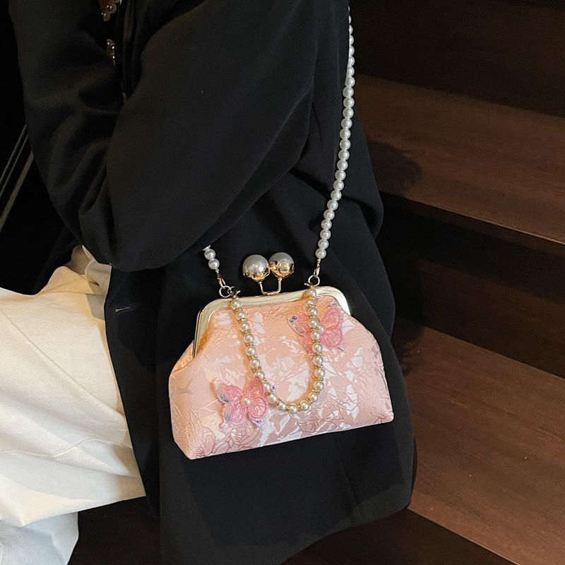designer Large Capacity Lace Clutch Women's Handbag High-end Shoulder Crossbody Bag Cheongsam Bag Ancient Style Pearl Handbag