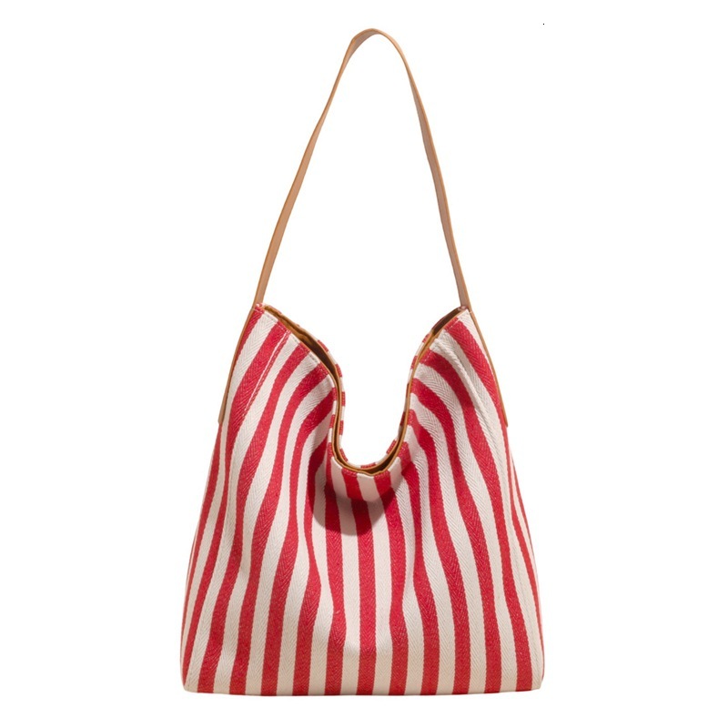 designer Casual Style Canvas Bag for Women Large Capacity Bag 2025 New Summer Striped Color Block Shoulder Tote Handbag