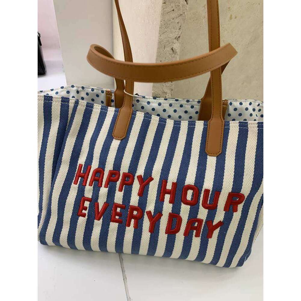 Summer Red and White Striped Letter Embroidered Tote Canvas Handheld Shoulder Underarm Class Mommy Bag Fashionable Versatile