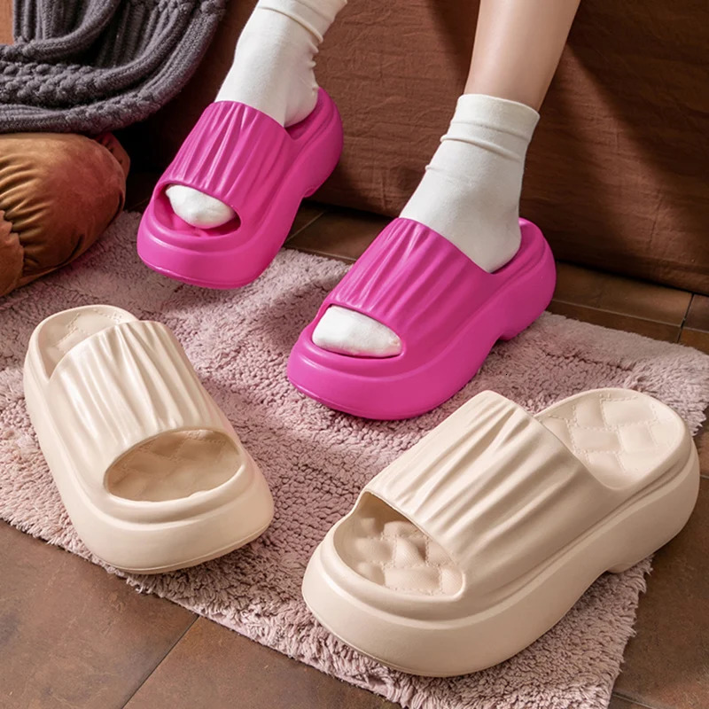 Chunky Platform Slippers for Women Summer 2025 Non Slip Thick Eva Sole Beach Slides Woman Pleated Wedge Heels Sandals 250605