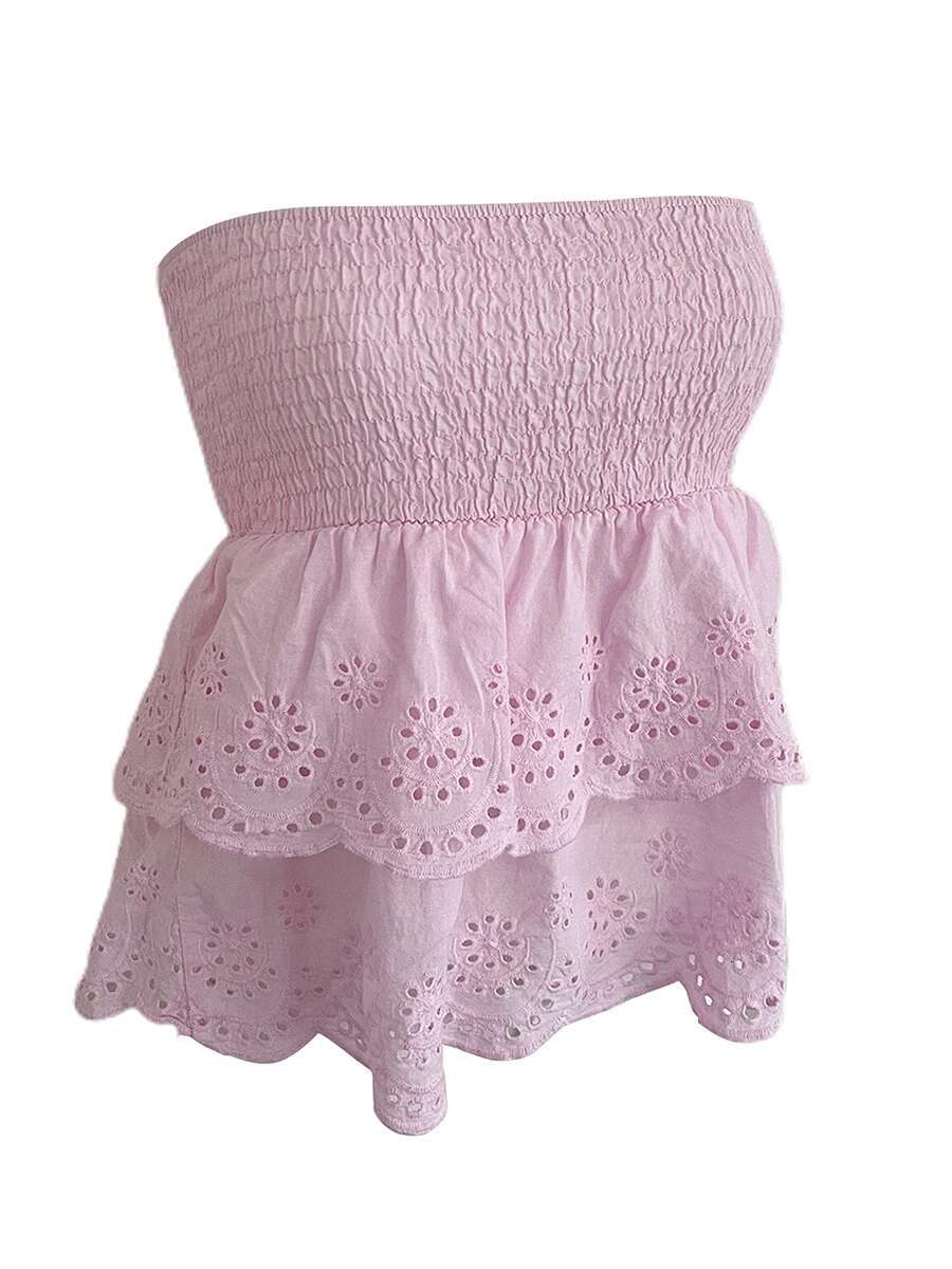 Womens Stylish Off-shoulder Crop Tops with Ruffle Trim and Smocked Waistband for Casual Summer Outfits