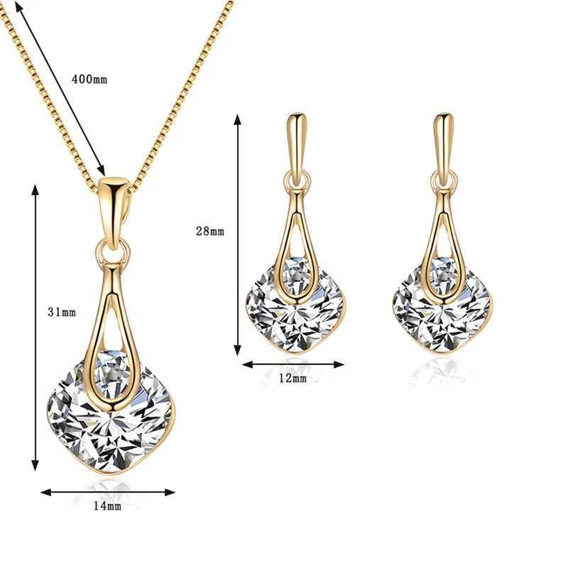 Fashion Women Water Drop Pendant Square Rhinestone Ear Stud Earrings Necklace Lady Jewelry Set Z250607
