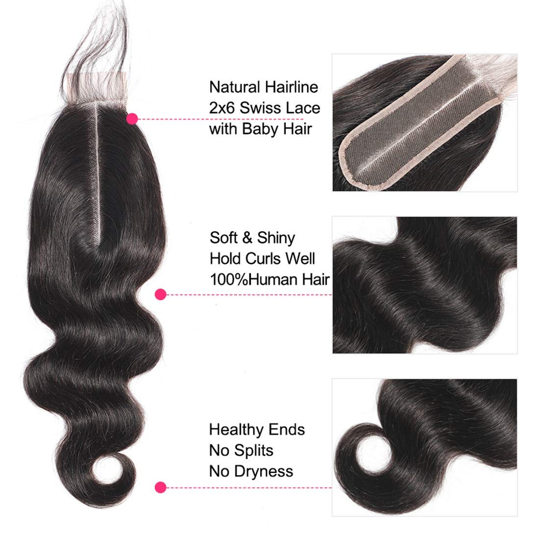 Free shipping Brazilian Body Wave 2x6 Lace Closure 100% Human Natural Color Pre-plucked With Baby Hair Can be Dyed