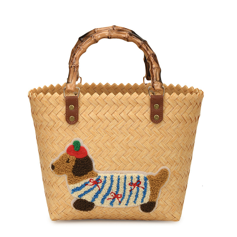 designer Dachshund Puppy Basket Bag for Work Commute Handbag Retro Bamboo Woven Bag Lunch Box Bag Handheld Bag