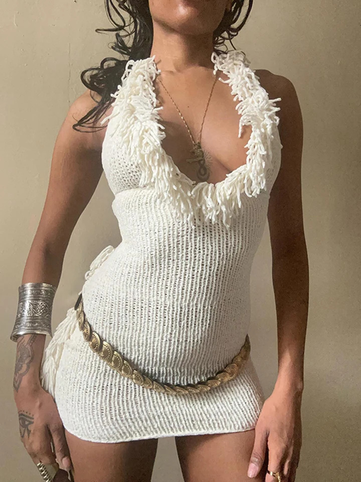 Weird Puss Crochet Halter Dress Women Low-Neck Bandage Backless Stretch Tassel Skinny Sleeveless Street Elegant Mini Bodycon 250605