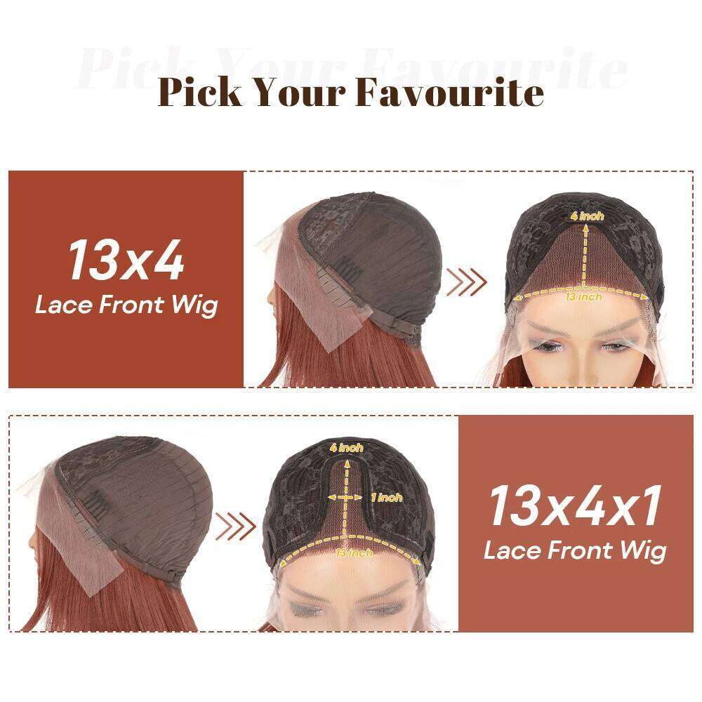 NAMM Reddish Brown Straight Layered Front Wigs For Women Copper Red Pre Plucked Lace Frontal Layers Glueless Synthetic Wig